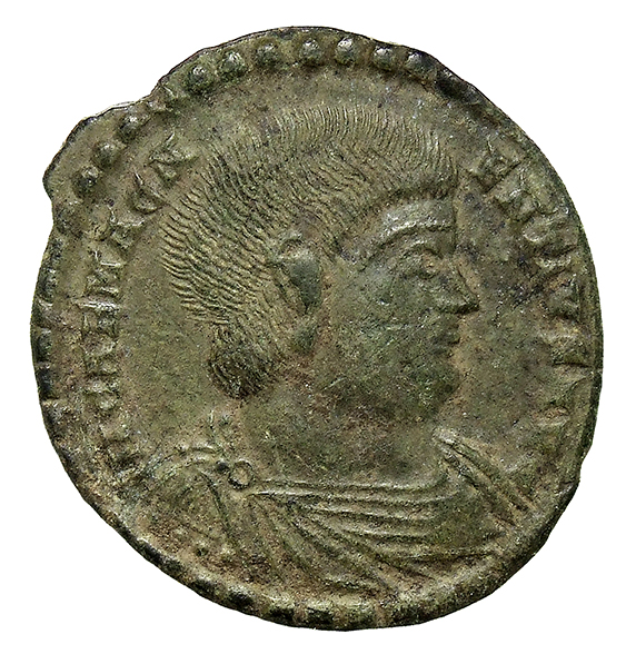 RIC VIII Treveri 266 Magnentius obverse, Bust of Magnentius, bareheaded, draped, cuirassed, right
