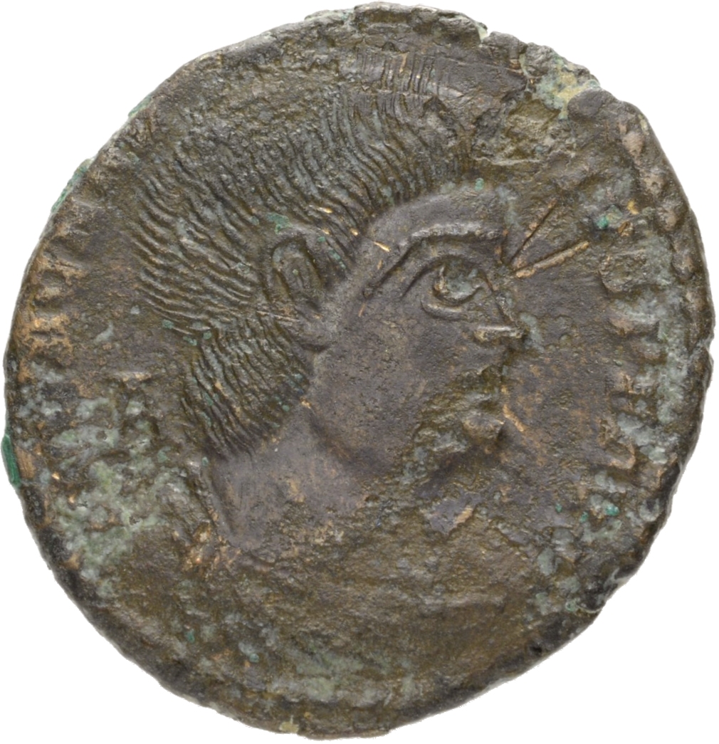 RIC VIII Treveri 269 Magnentius obverse, Bust of Magnentius, bareheaded, draped, cuirassed, right; A behind bust