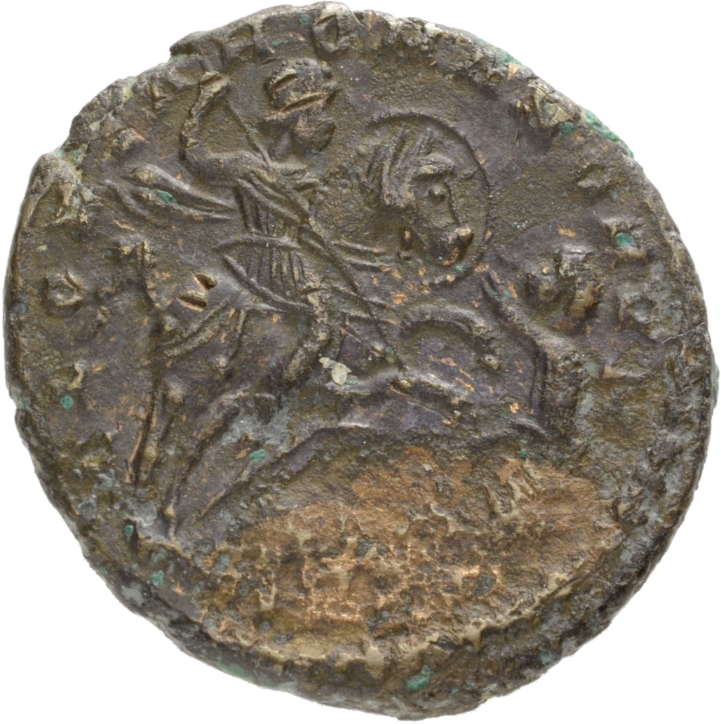 RIC VIII Treveri 269 Magnentius reverse, Magnentius, draped, cuirassed, galloping right, spearing kneeling barbarian with ...