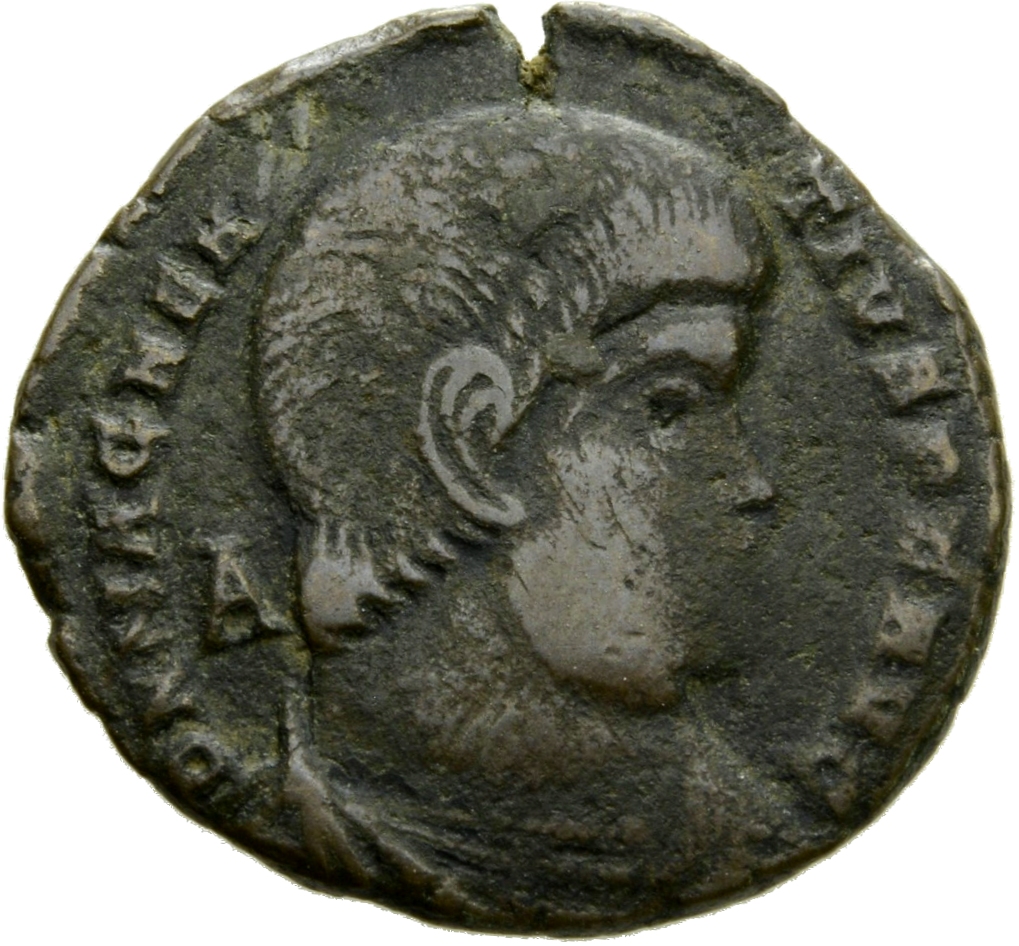 RIC VIII Treveri 269 Magnentius obverse, Bust of Magnentius, bareheaded, draped, cuirassed, right; A behind bust