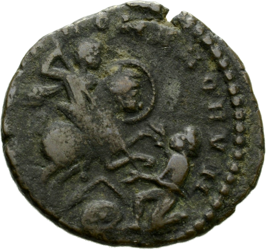 RIC VIII Treveri 269 Magnentius reverse, Magnentius, draped, cuirassed, galloping right, spearing kneeling barbarian with ...