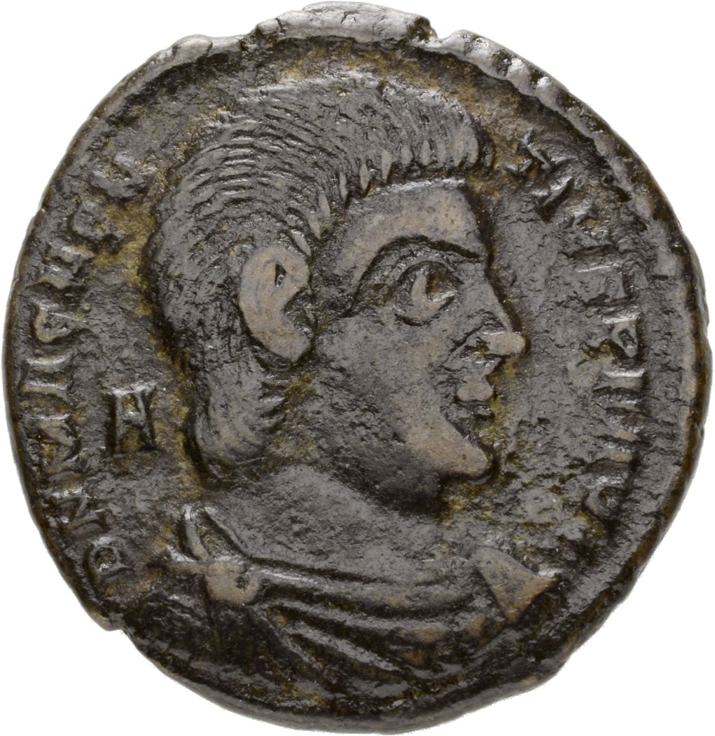 RIC VIII Treveri 270 Magnentius obverse, Bust of Magnentius, bareheaded, draped, cuirassed, right; A behind bust