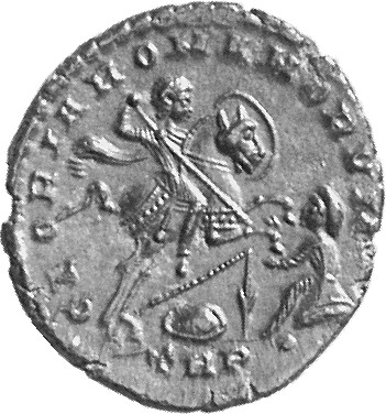 RIC VIII Treveri 270 Magnentius reverse, Magnentius, draped, cuirassed, galloping right, spearing kneeling barbarian with ...