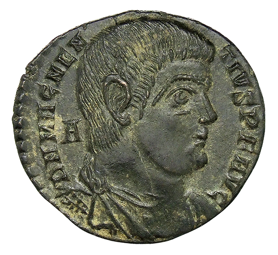 RIC VIII Treveri 270 Magnentius obverse, Bust of Magnentius, bareheaded, draped, cuirassed, right; A behind bust