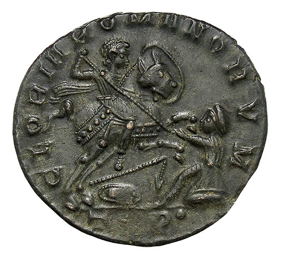 RIC VIII Treveri 270 Magnentius reverse, Magnentius, draped, cuirassed, galloping right, spearing kneeling barbarian with ...