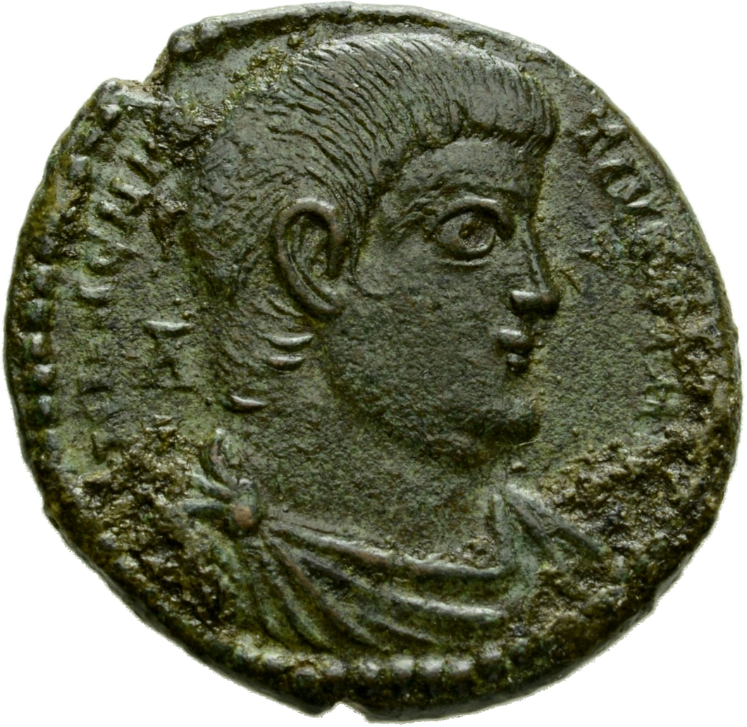 RIC VIII Treveri 271 Magnentius obverse, Bust of Magnentius, bareheaded, draped, cuirassed, right; A behind bust