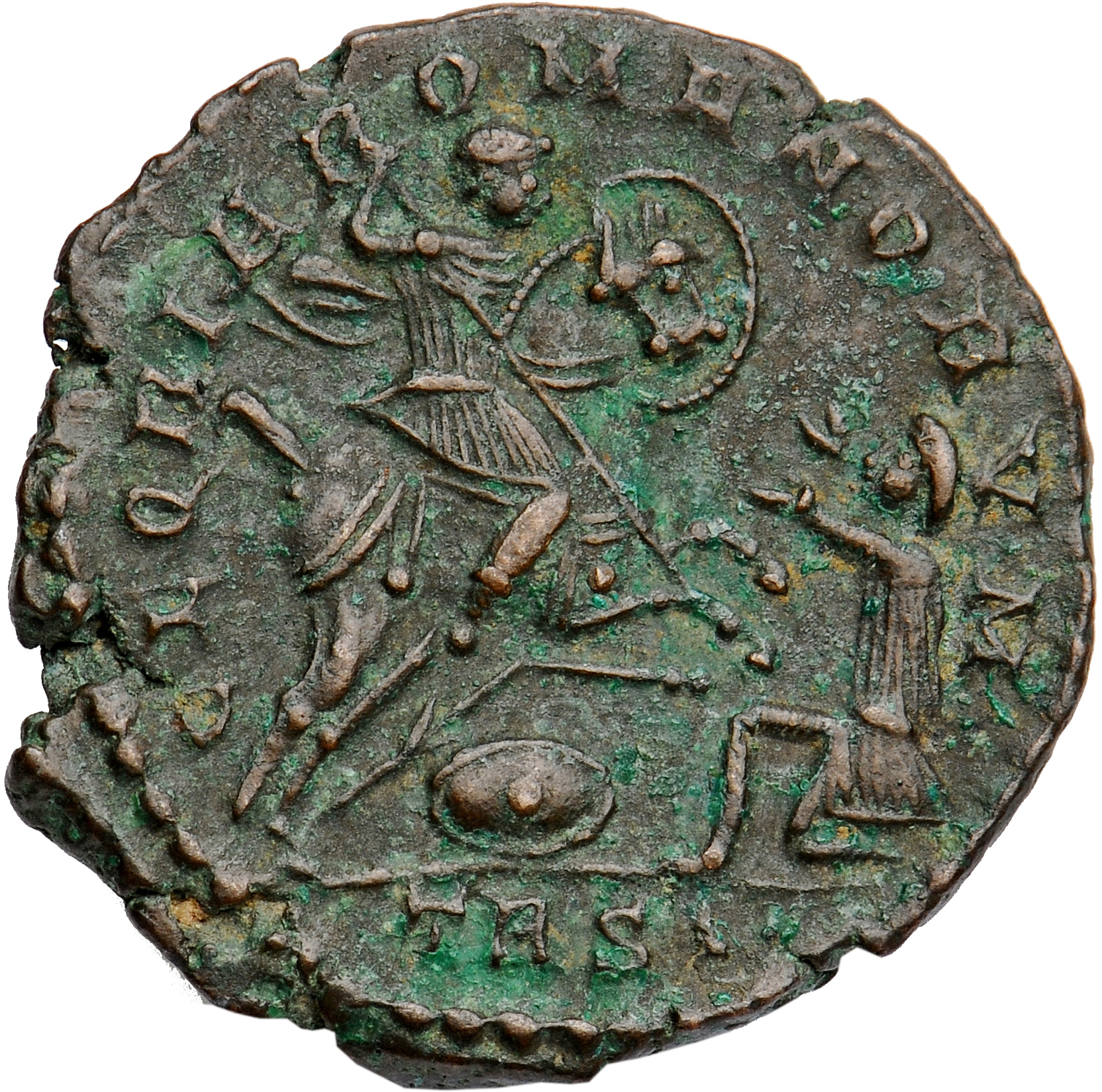 RIC VIII Treveri 271 Magnentius reverse, Magnentius, draped, cuirassed, galloping right, spearing kneeling barbarian with ...