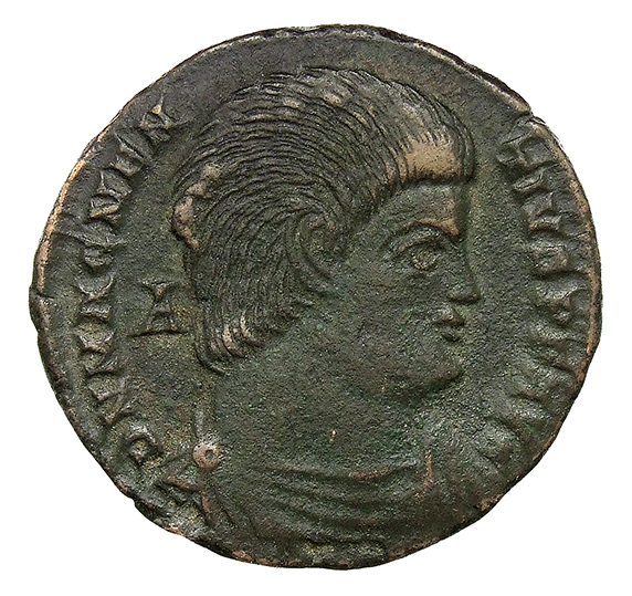 RIC VIII Treveri 271 Magnentius obverse, Bust of Magnentius, bareheaded, draped, cuirassed, right; A behind bust