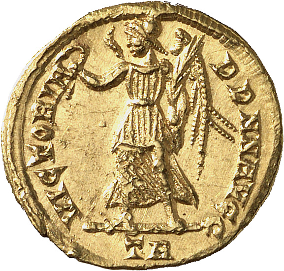 RIC VIII Treveri 281 Magnentius reverse, Victory, winged, draped, walking left, holding wreath in right hand and palm in l...