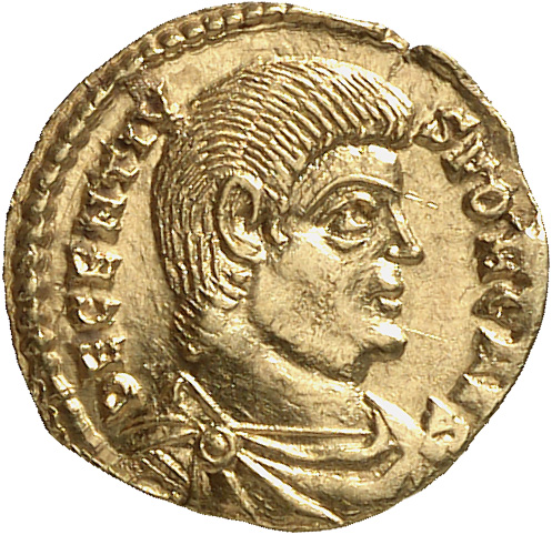 RIC VIII Treveri 284 Magnentius obverse, Bust of Decentius, bareheaded, draped, cuirassed, right