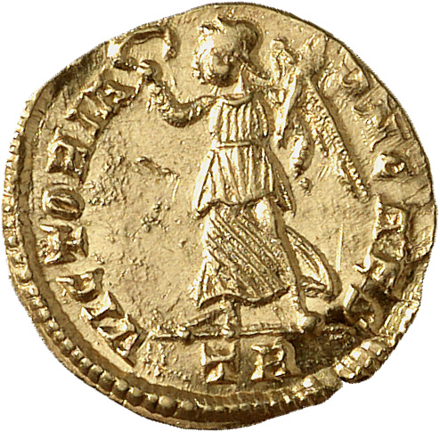 RIC VIII Treveri 284 Magnentius reverse, Victory, winged, draped, walking left, holding wreath in right hand and palm in l...