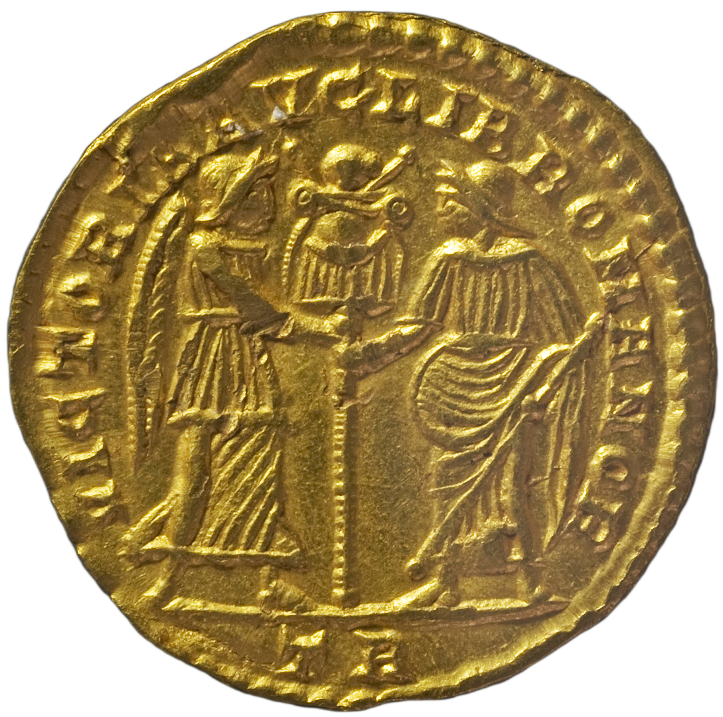 RIC VIII Treveri 286 Magnentius reverse, Victory, winged, draped, standing right, holding palm over left shoulder; Liberta...