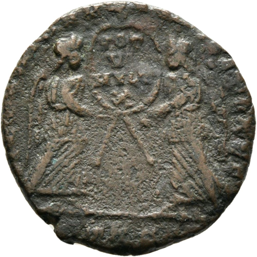 RIC VIII Treveri 307 Magnentius reverse, Two Victories, winged, draped, facing each other, holding between them a wreath i...