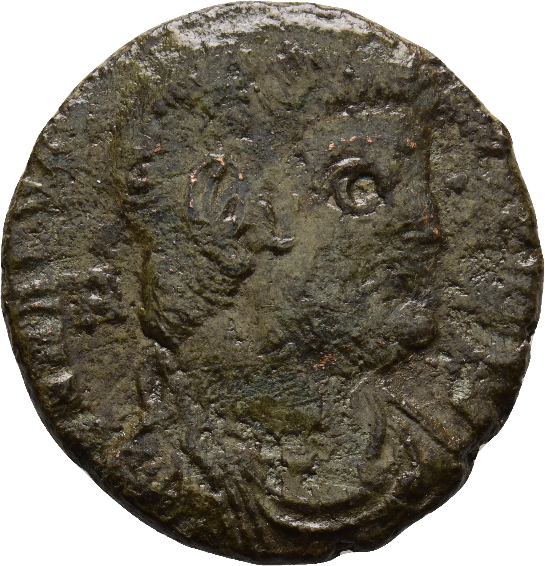 RIC VIII Treveri 307 Magnentius obverse, Bust of Magnentius, bareheaded, draped, cuirassed, right; A behind bust