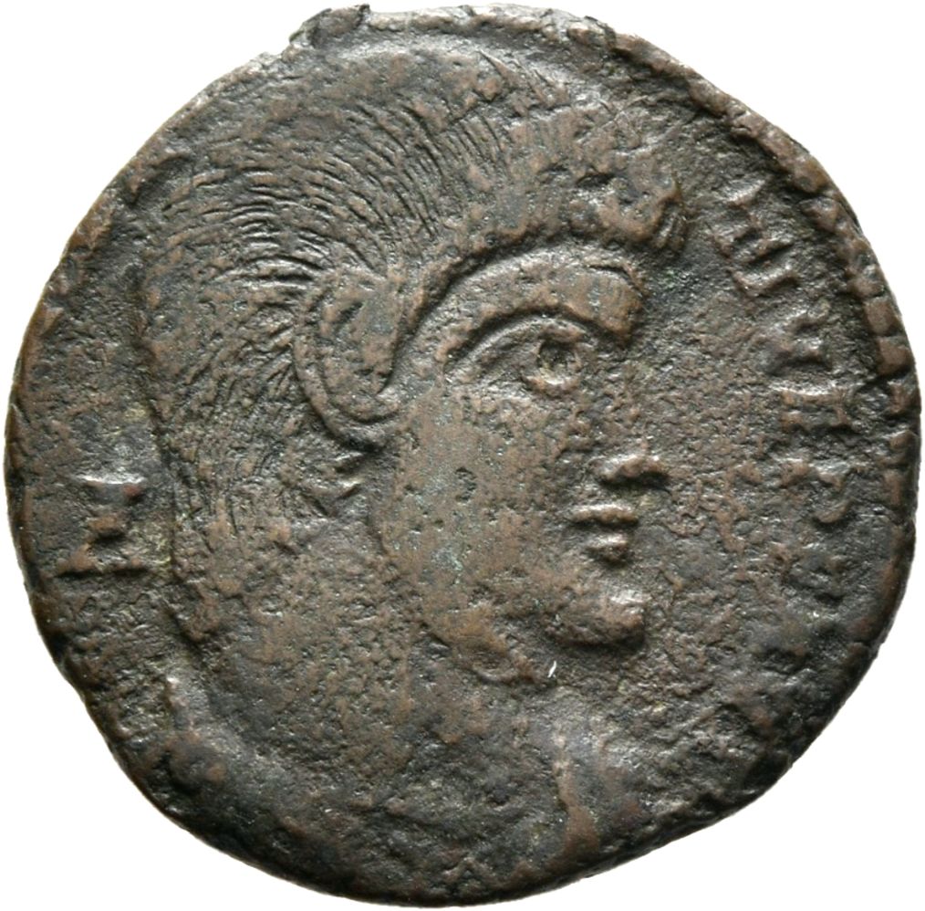 RIC VIII Treveri 307 Magnentius obverse, Bust of Magnentius, bareheaded, draped, cuirassed, right; A behind bust