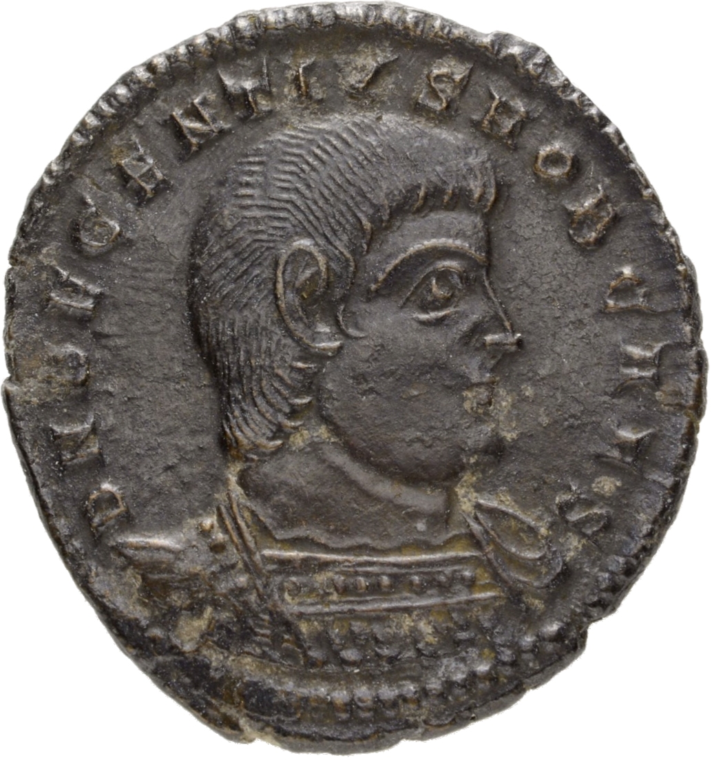 RIC VIII Treveri 308 Magnentius obverse, Bust of Decentius, bareheaded, cuirassed, right