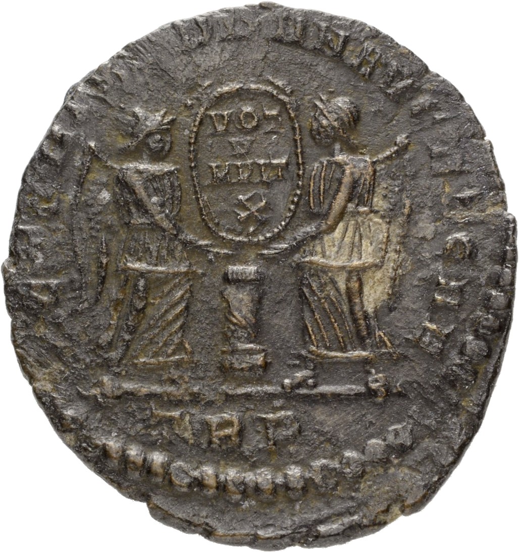 RIC VIII Treveri 308 Magnentius reverse, Two Victories, winged, draped, facing each other, holding between them a wreath i...