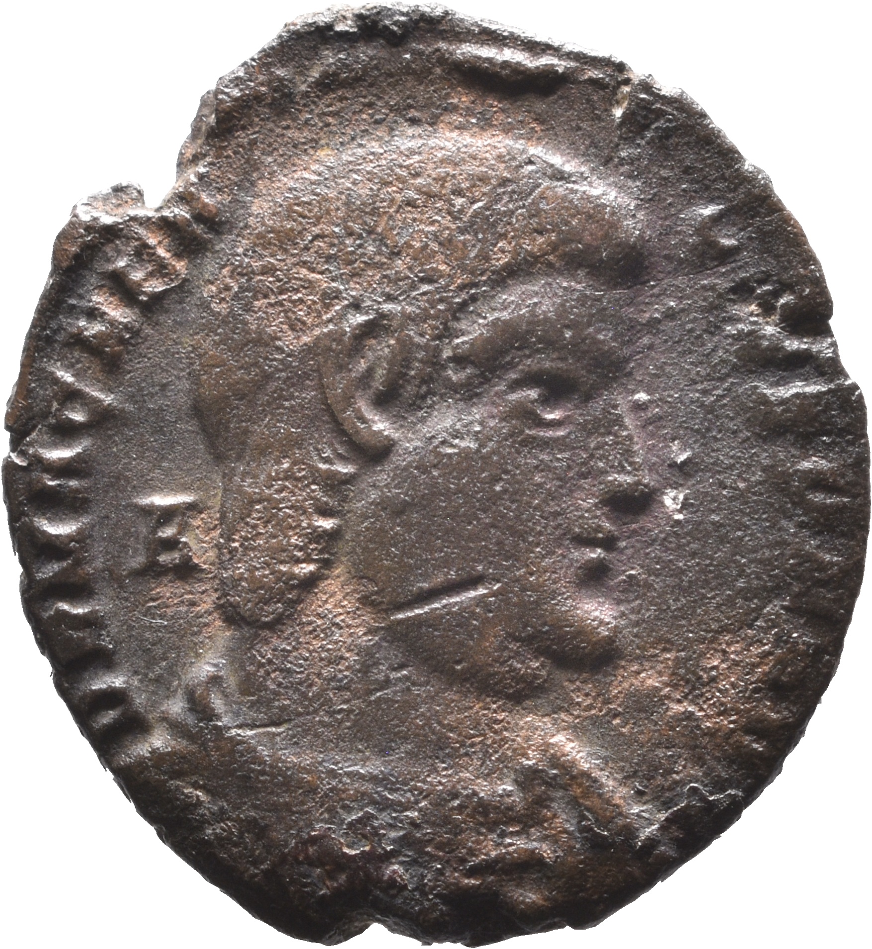 RIC VIII Treveri 312 Magnentius obverse, Bust of Magnentius, bareheaded, draped, cuirassed, right; A behind bust