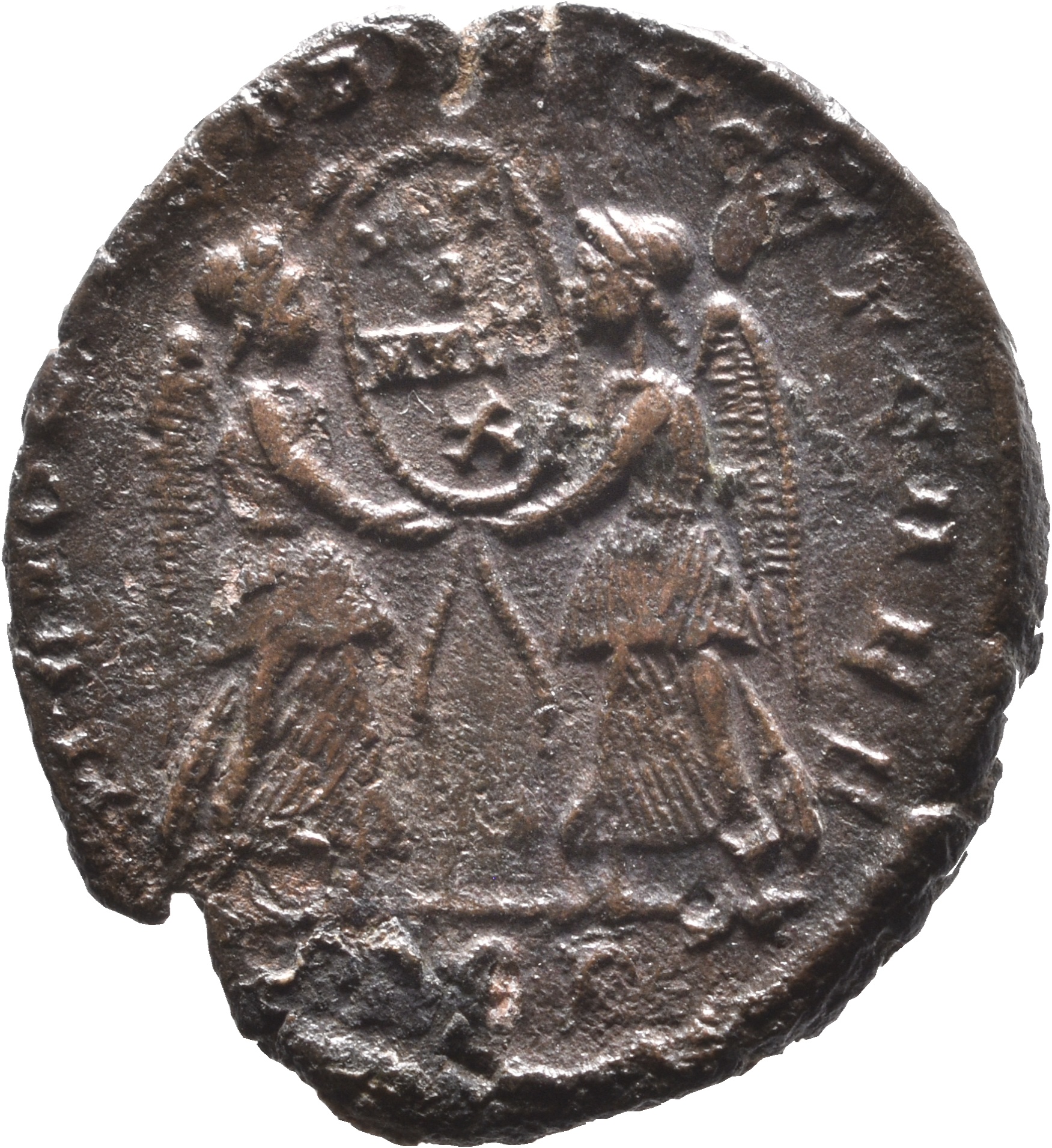 RIC VIII Treveri 312 Magnentius reverse, Two Victories, winged, draped, facing each other, holding between them a wreath i...