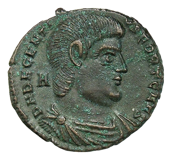 RIC VIII Treveri 313 Magnentius obverse, Bust of Decentius, bareheaded, draped, cuirassed, right; A behind bust