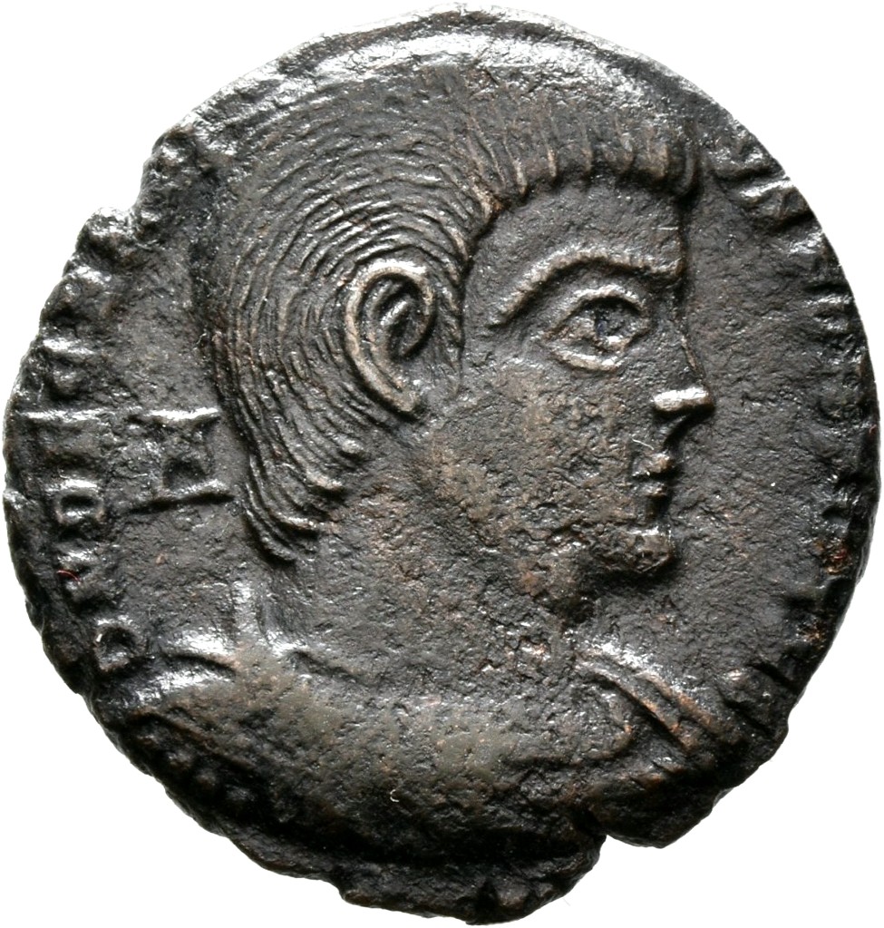 RIC VIII Treveri 313 Magnentius obverse, Bust of Decentius, bareheaded, draped, cuirassed, right; A behind bust