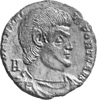 RIC VIII Treveri 316 Magnentius obverse, Bust of Decentius, bareheaded, draped, cuirassed, right; A behind bust