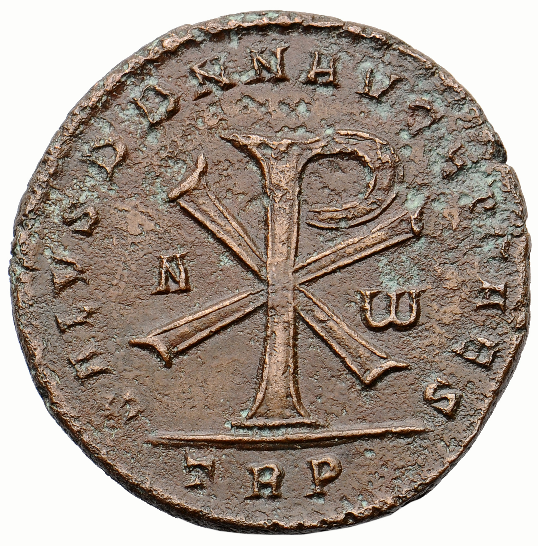 RIC VIII Treveri 318 Magnentius reverse, ☧ flanked by A and ω