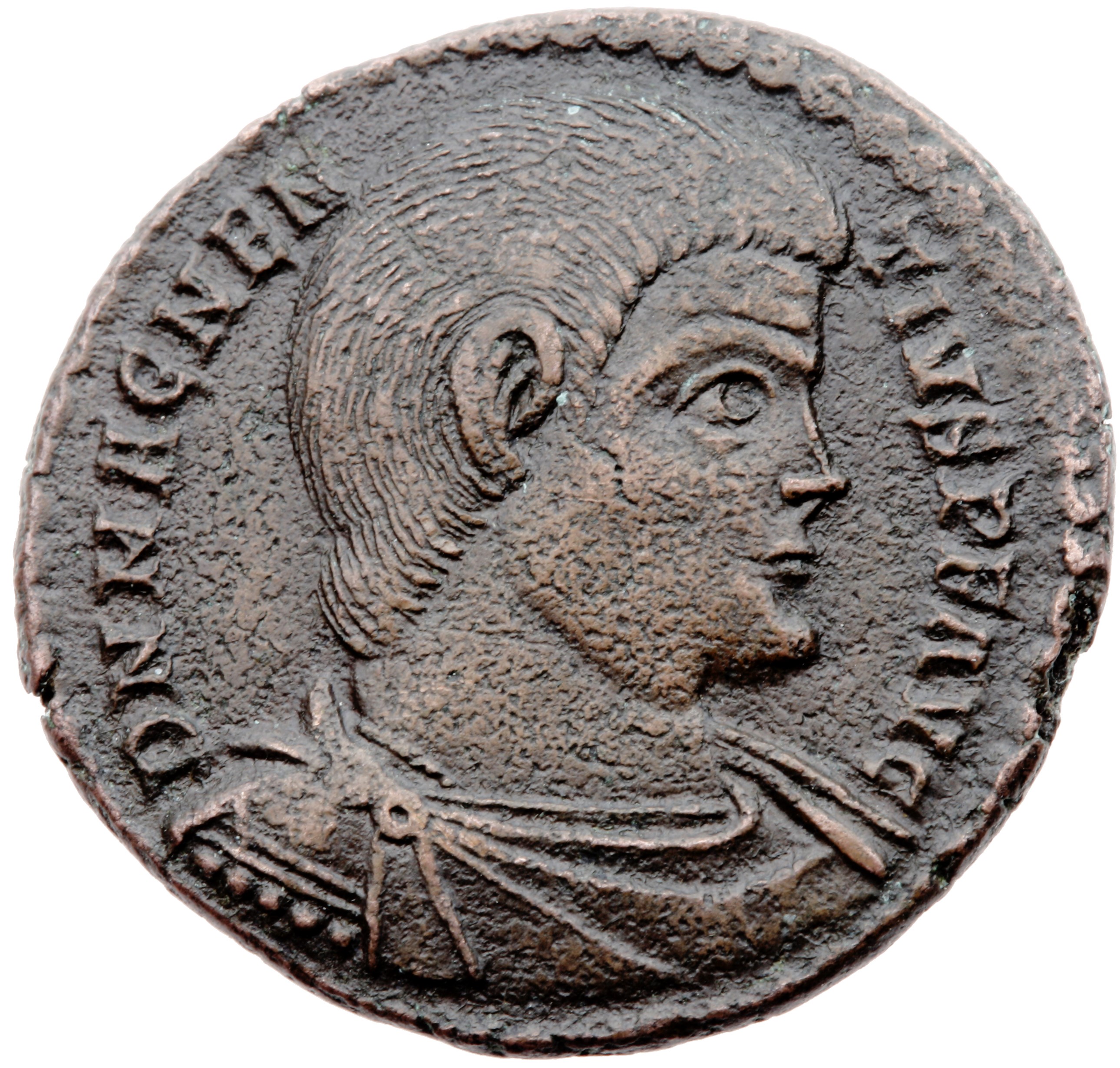 RIC VIII Treveri 318 Magnentius obverse, Bust of Magnentius, bareheaded, draped, cuirassed, right