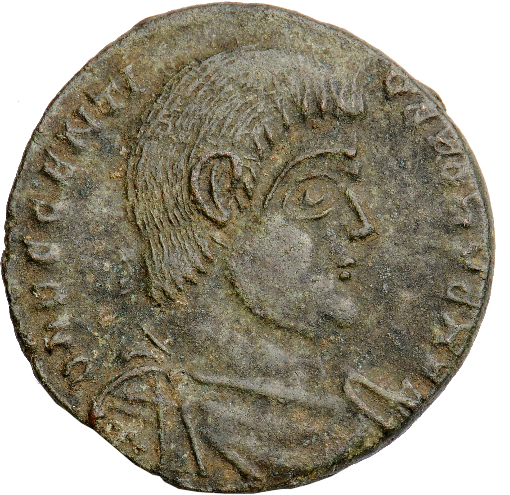RIC VIII Treveri 319 Magnentius obverse, Bust of Decentius, bareheaded, draped, cuirassed, right