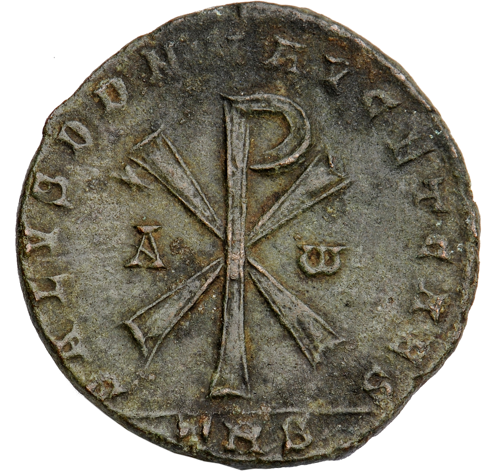 RIC VIII Treveri 319 Magnentius reverse, ☧ flanked by A and ω