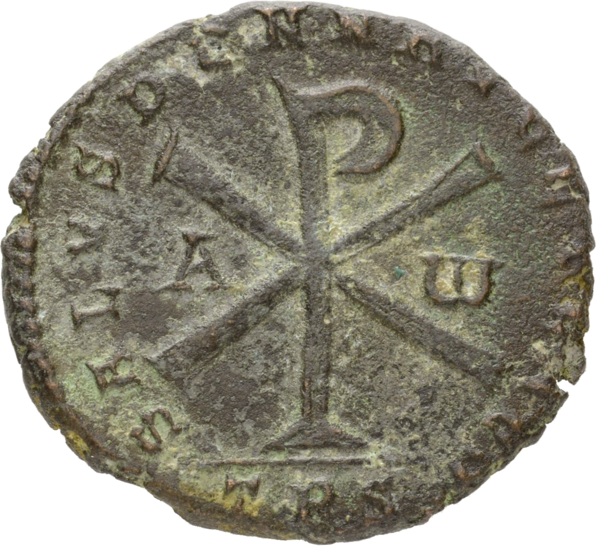 RIC VIII Treveri 320 Magnentius reverse, ☧ flanked by A and ω