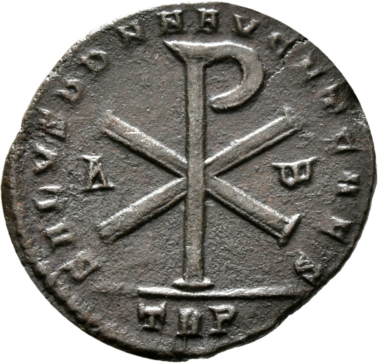 RIC VIII Treveri 320 Magnentius reverse, ☧ flanked by A and ω