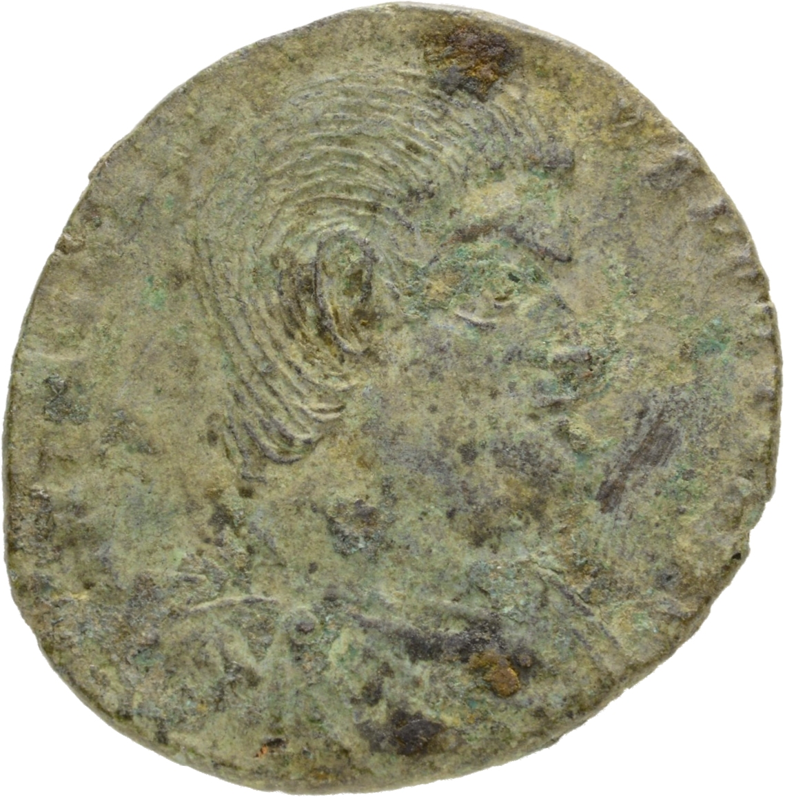 RIC VIII Treveri 322 Magnentius obverse, Bust of Decentius, bareheaded, draped, cuirassed, right