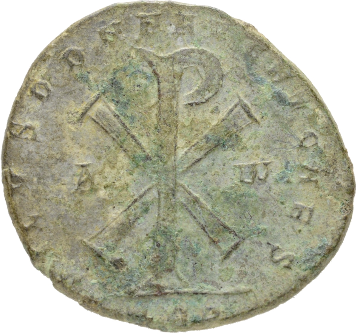RIC VIII Treveri 322 Magnentius reverse, ☧ flanked by A and ω