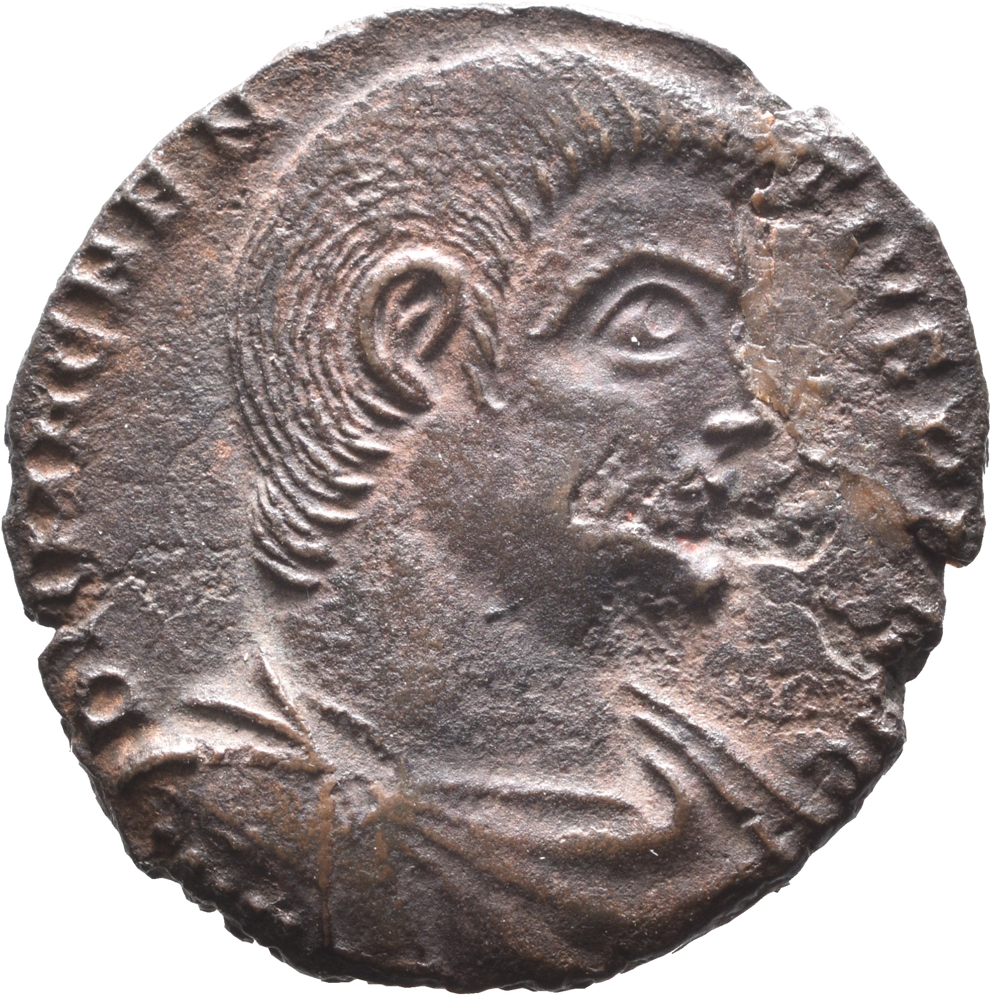 RIC VIII Treveri 323 Magnentius obverse, Bust of Magnentius, bareheaded, draped, cuirassed, right