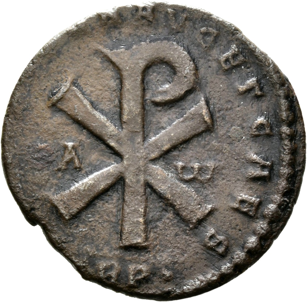 RIC VIII Treveri 324 Magnentius reverse, ☧ flanked by A and ω