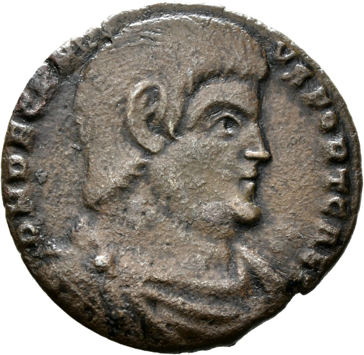 RIC VIII Treveri 324 Magnentius obverse, Bust of Decentius, bareheaded, draped, cuirassed, right