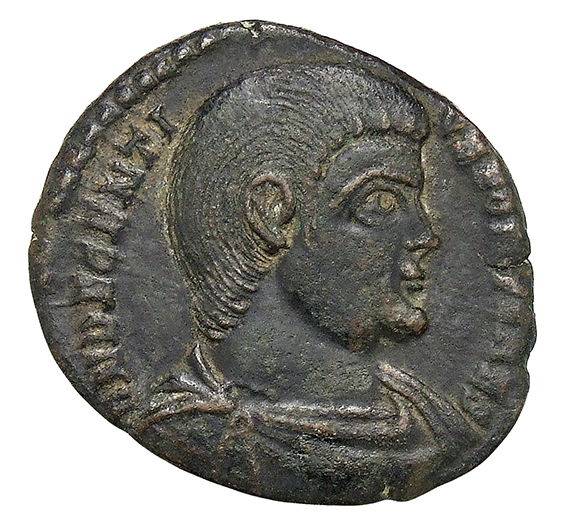RIC VIII Treveri 326 Magnentius obverse, Bust of Decentius, bareheaded, draped, cuirassed, right