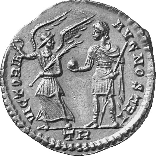 RIC VIII Treveri 329 Constantius II reverse, Constantius II, draped, cuirassed, standing front, head left, holding globe i...