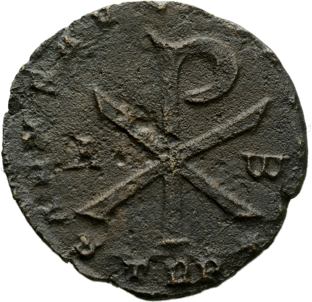 RIC VIII Treveri 332 Constantius II reverse, ☧ flanked by A and ω