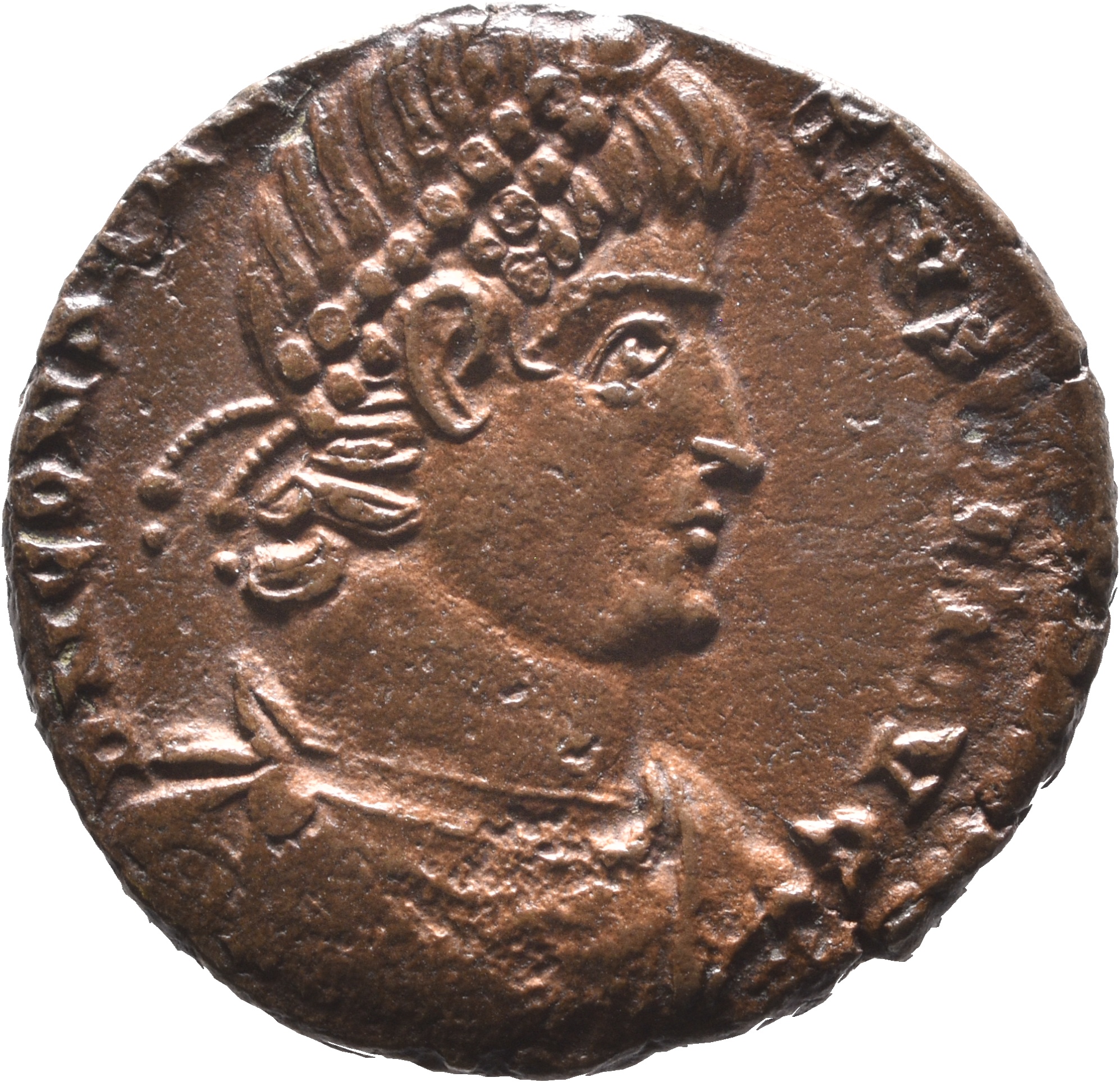 RIC VIII Treveri 332 Constantius II obverse, Bust of Constantius II, pearl-diademed, draped, cuirassed, right