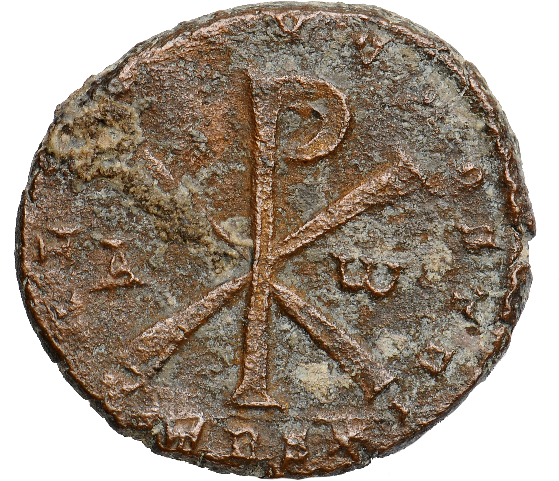RIC VIII Treveri 333 Constantius II reverse, ☧ flanked by A and ω