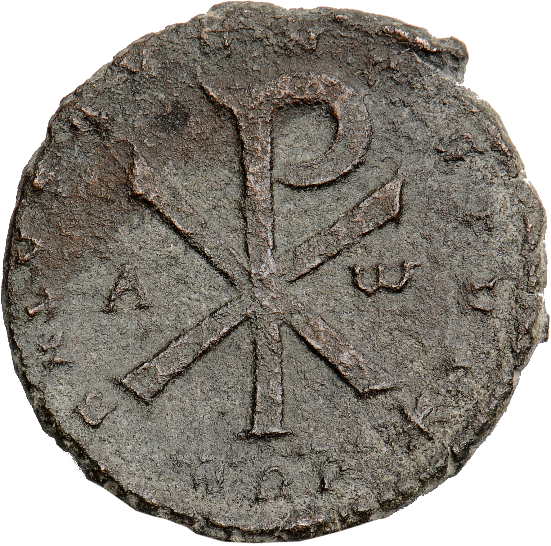 RIC VIII Treveri 335 Constantius II reverse, ☧ flanked by A and ω