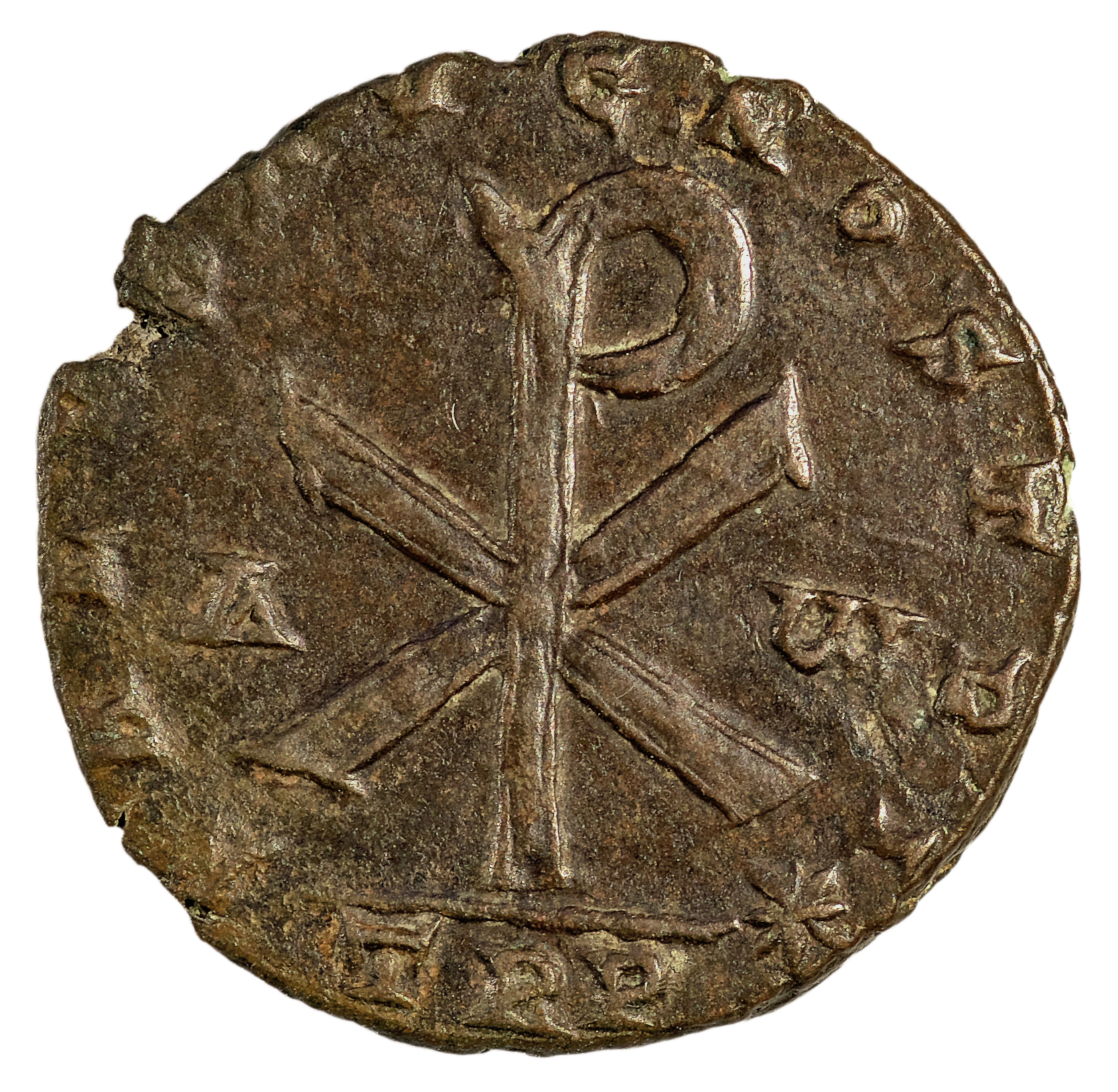 RIC VIII Treveri 335 Constantius II reverse, ☧ flanked by A and ω