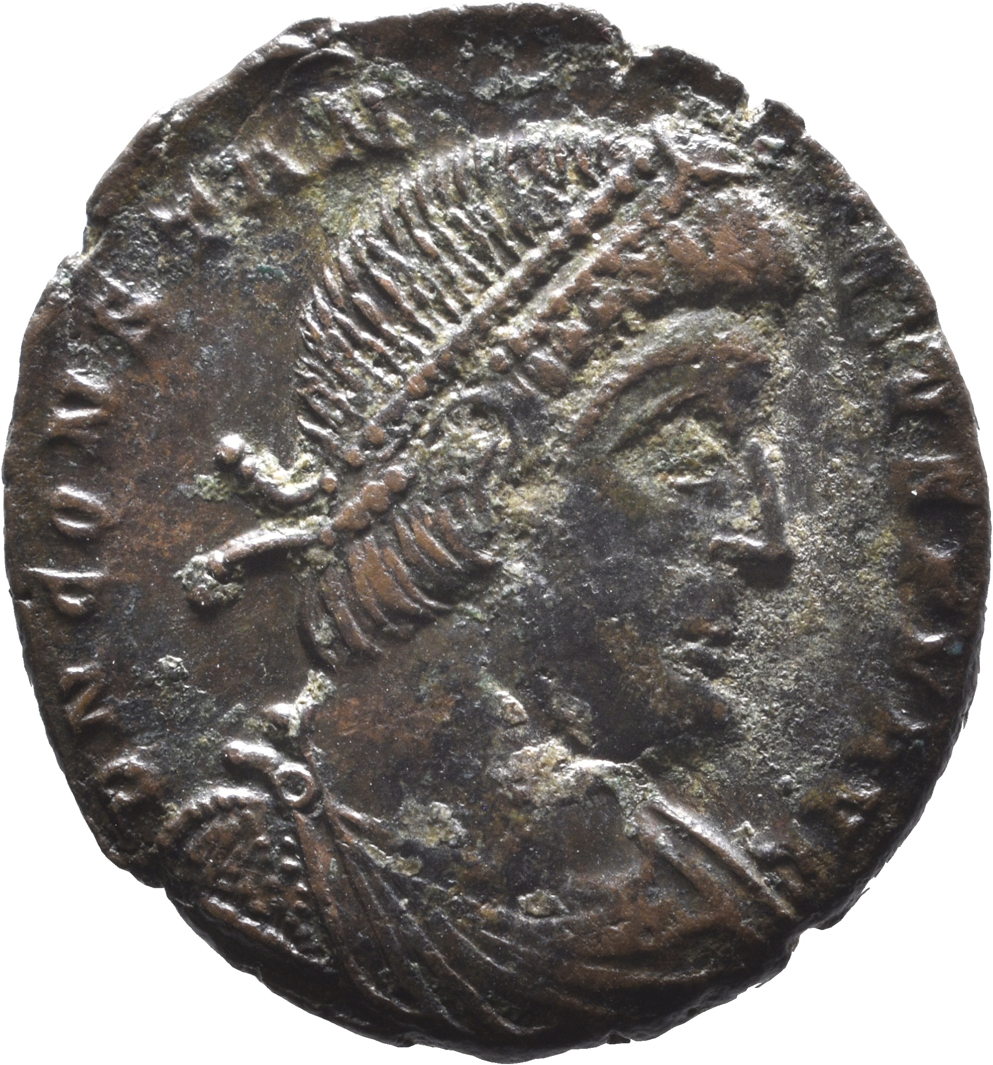 RIC VIII Treveri 337 Constantius II obverse, Bust of Constantius II, pearl-diademed, draped, cuirassed, right