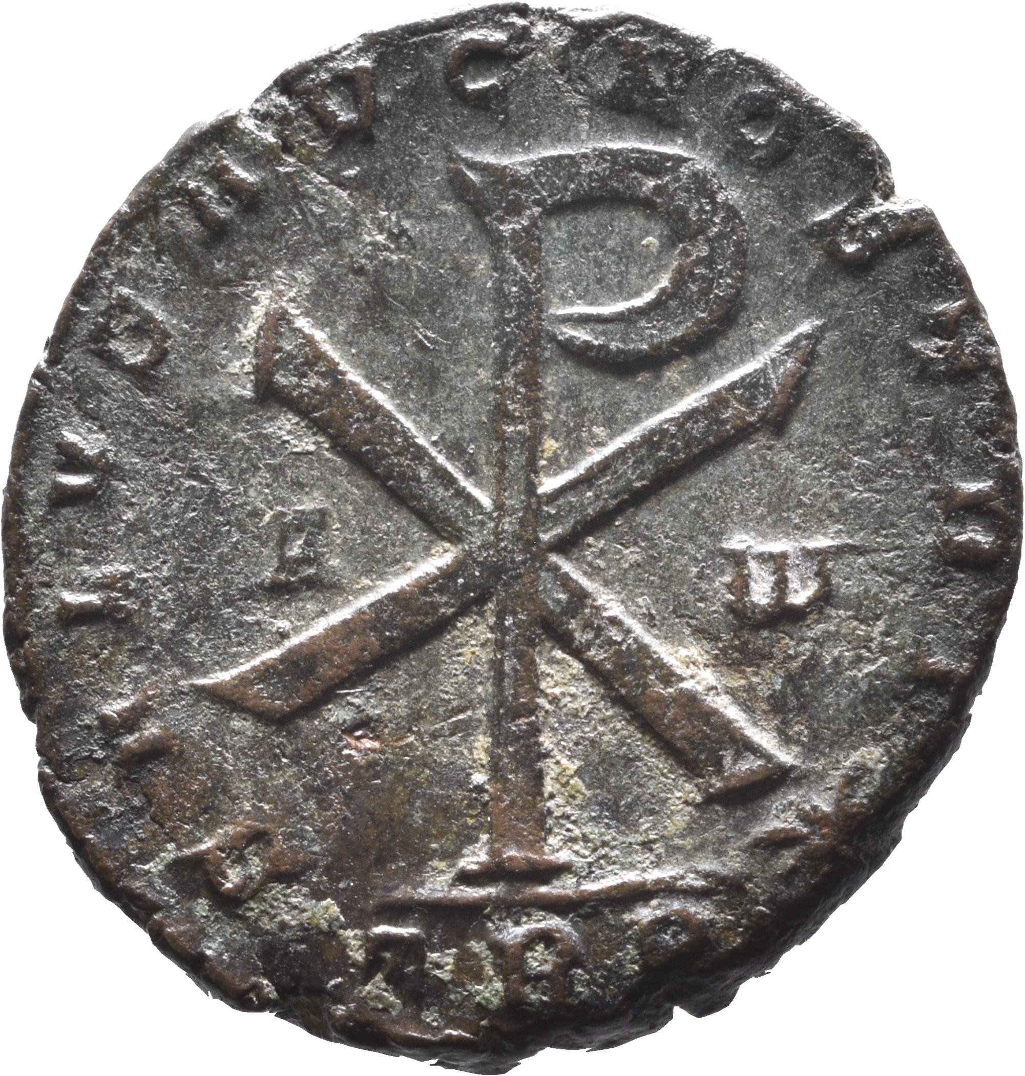RIC VIII Treveri 337 Constantius II reverse, ☧ flanked by A and ω