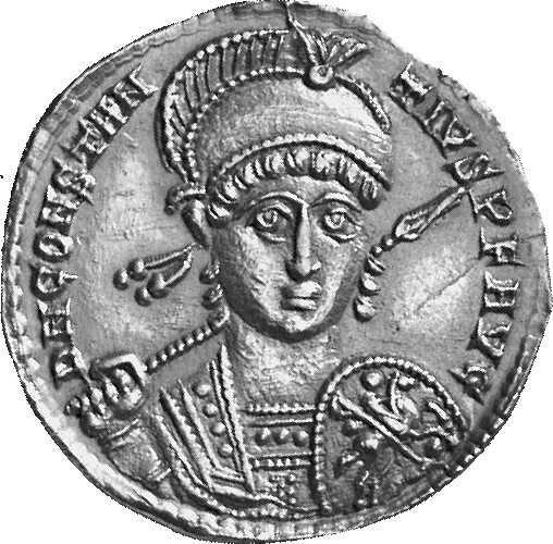 RIC VIII Treveri 339 Constantius II obverse, Bust of Constantius II, pearl-diademed, wearing crested and diademed helmet, ...