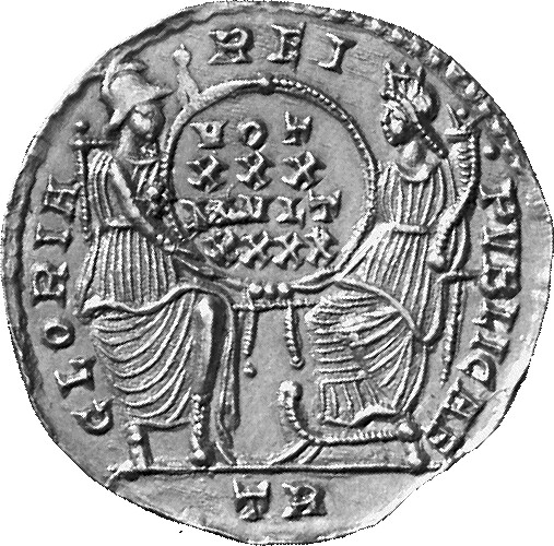RIC VIII Treveri 339 Constantius II reverse, Roma, helmeted, draped, enthroned front, head right, and Constantinopolis, dr...