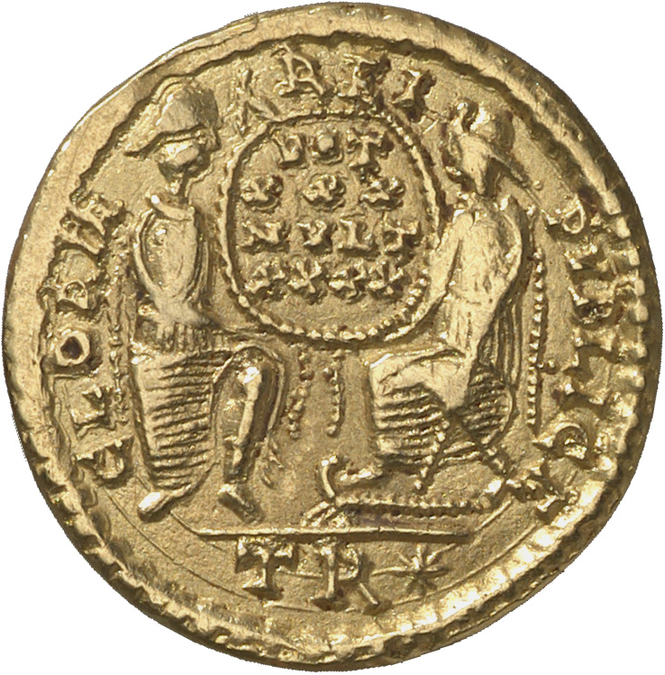RIC VIII Treveri 344 Constantius II reverse, Roma, helmeted, draped, enthroned front, head right, and Constantinopolis, dr...