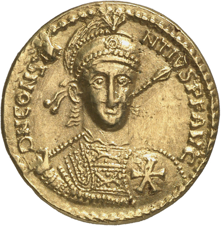 RIC VIII Treveri 344 Constantius II obverse, Bust of Constantius II, pearl-diademed, wearing crested and diademed helmet, ...